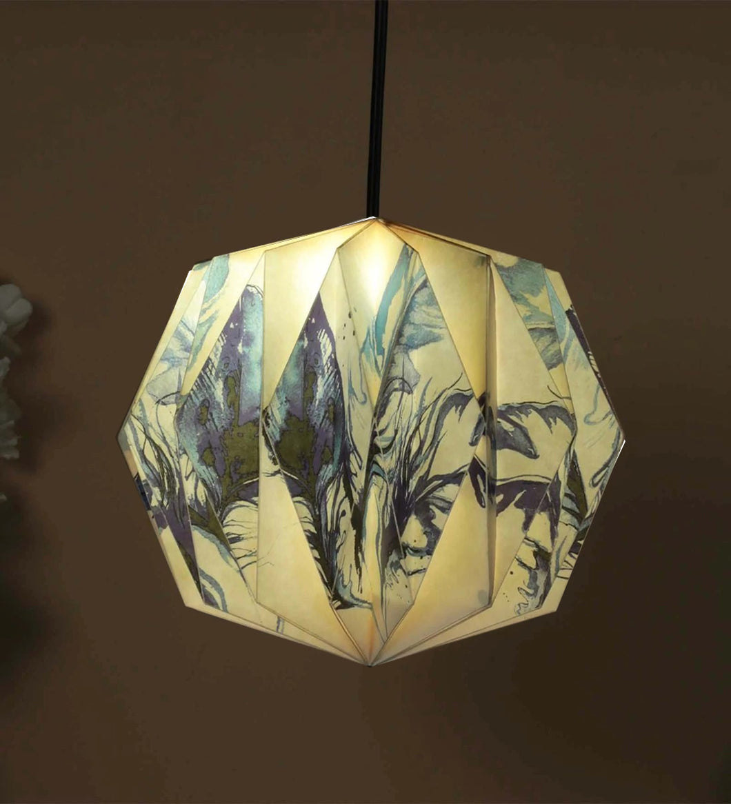 BLUE FEATHER COLLAPSIBLE BOX-SHAPED ORIGAMI HANGING LAMPSHADE